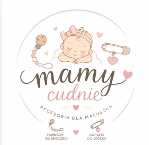 Baby product logo featuring cute illustrated baby with pink bows, rattle, pacifier, and heart decorations with Polish text