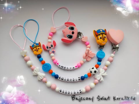 Three colorful beaded name bracelets with character charms, featuring pink, blue, and white beads arranged against a sparkly background